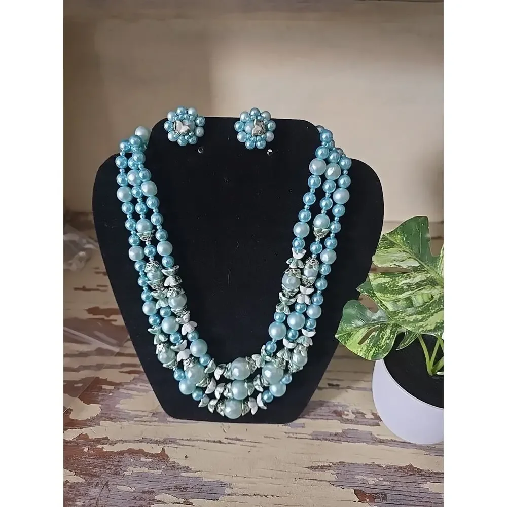 VtgJapan Blue Faux Pearl‎ Necklace Earring Set 3 Strand Mid Century MCM 1950s
